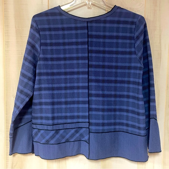 Habitat Blue Black Plaid Patchwork Button Front Asymmetrical Hi LowHem Top Sz XS - Picture 2 of 6